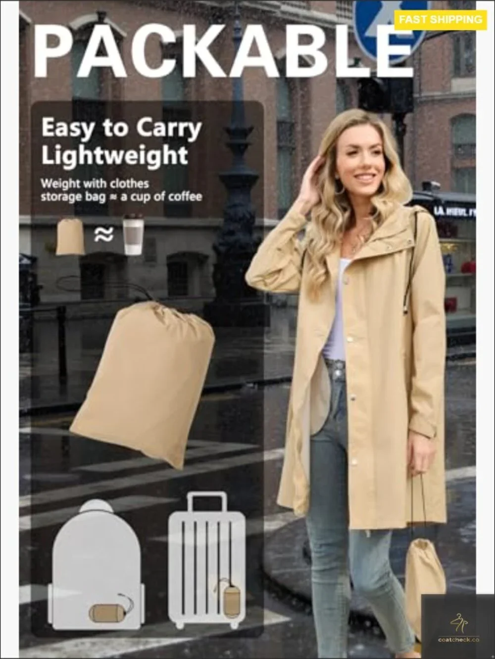 Long Packable Rain Jacket Waterproof Lightweight Windbreaker Hooded Trench Style